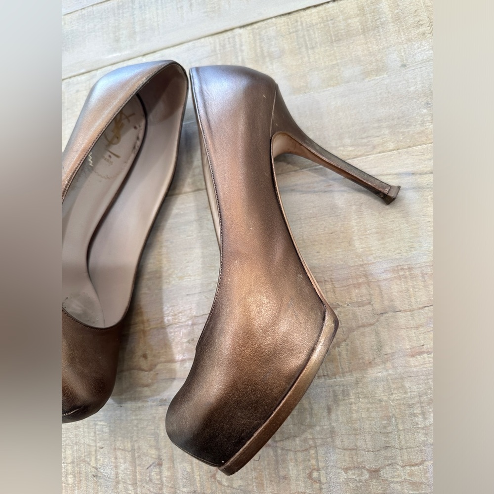 Ysl Yves Saint Laurent bronze leather Tribtoo pumps heels platform shoes - Picture 12 of 14